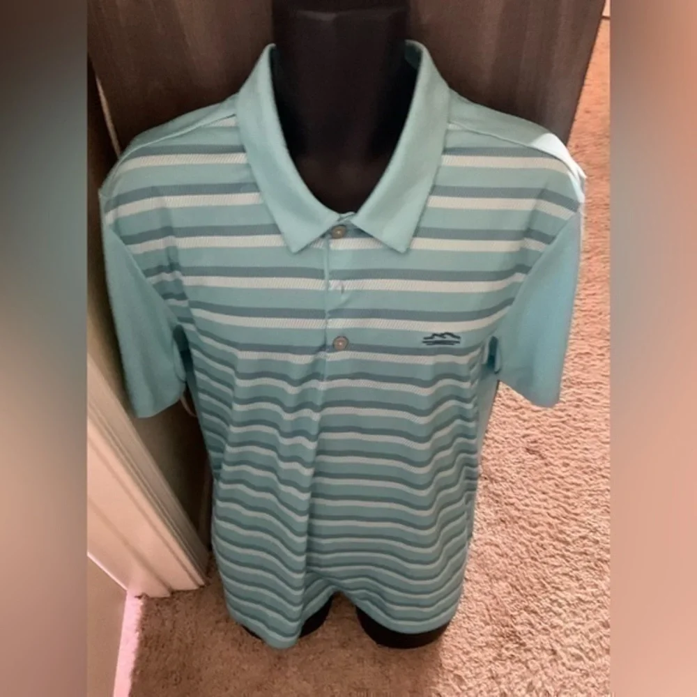 Men’s used Adidas Clima Cool size L Large polo shirt green blue striped